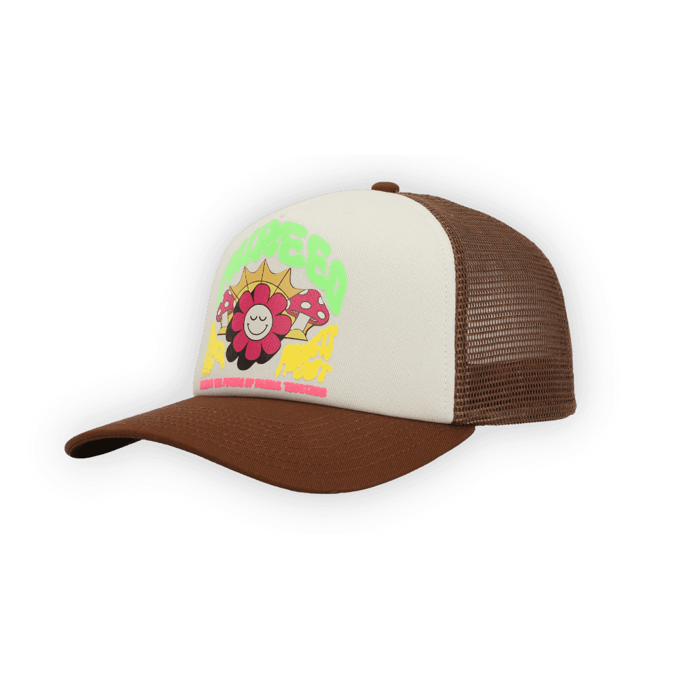 Brown and cream Paireeo trucker hat with colourful flower artwork