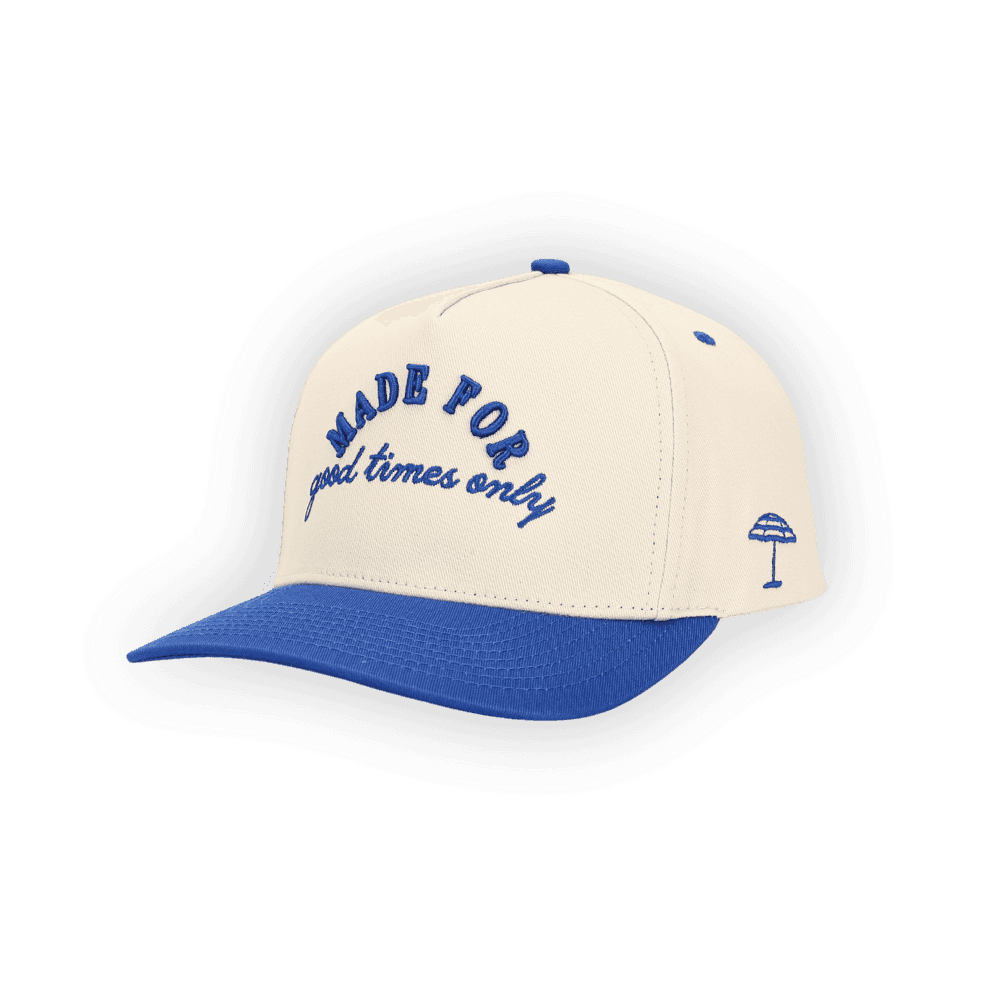Blue and cream hat embroidered Made for good times only